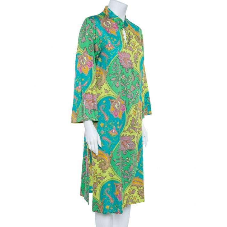 Pre Owned Etro Green Cotton Printed Crepe de Chine Dress L