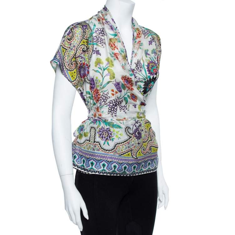 مملوكة مسبقًا Etro Multicolor Floral Print Silk Top L