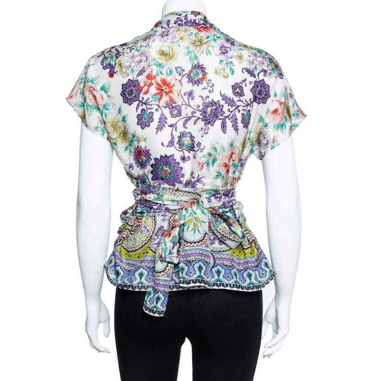 مملوكة مسبقًا Etro Multicolor Floral Print Silk Top L