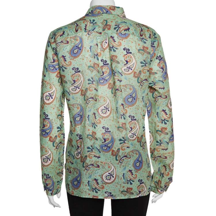 مملوكة مسبقًا Etro Green Ramie Paisley Print Button Front Shirt L