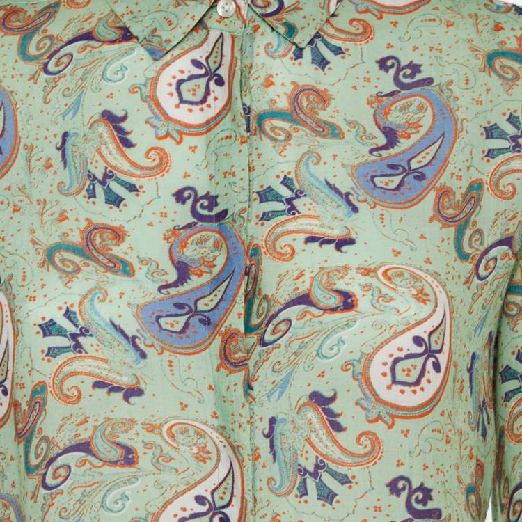 مملوكة مسبقًا Etro Green Ramie Paisley Print Button Front Shirt L
