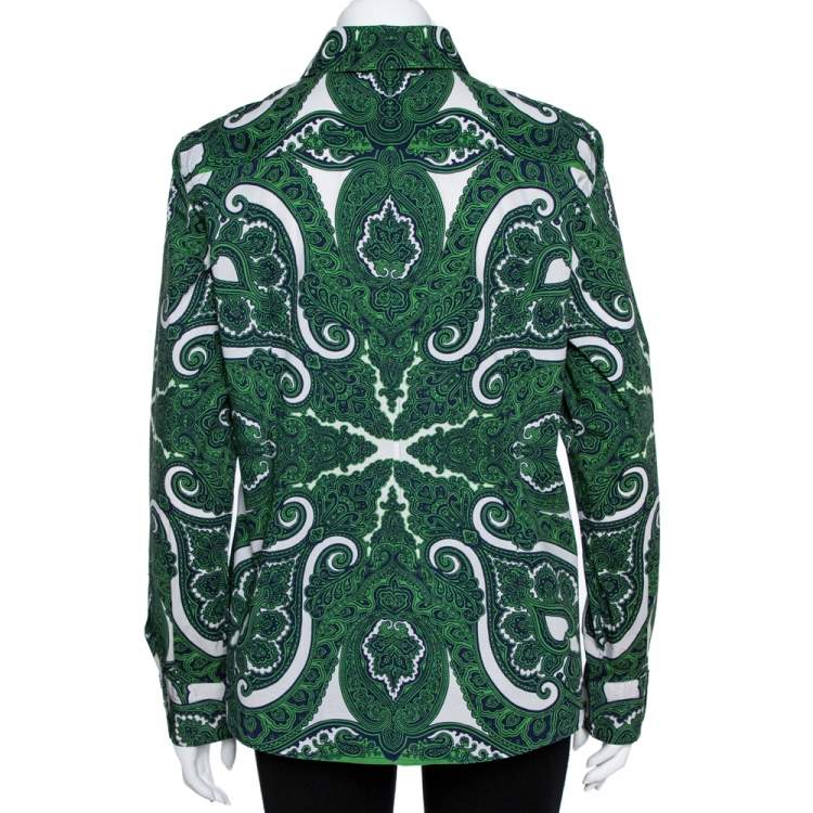 Pre Owned Etro Green Stretch Cotton Paisley Print Button front Shirt XL