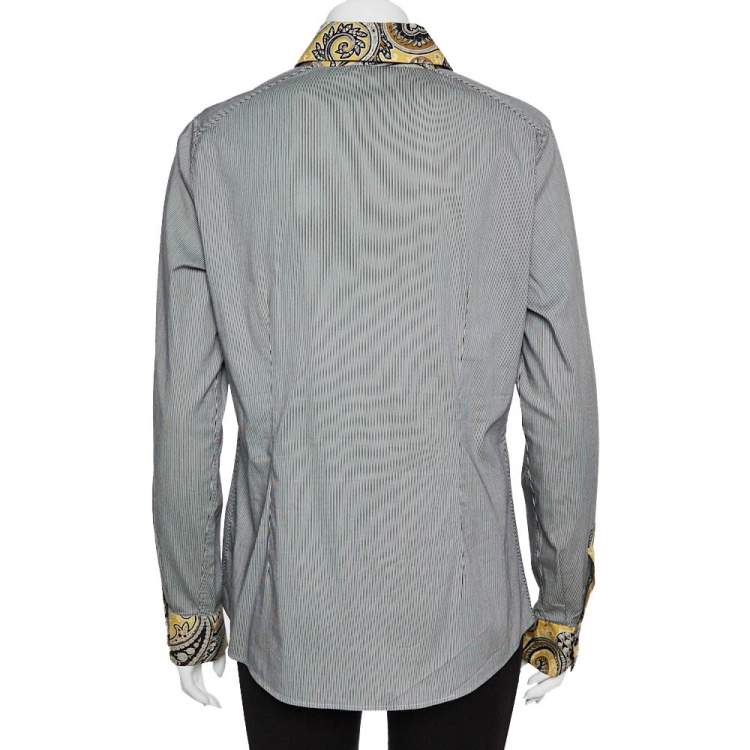 مملوكة مسبقًا Etro Black and White Cotton Stripe Body with Paisley Print Shirt L