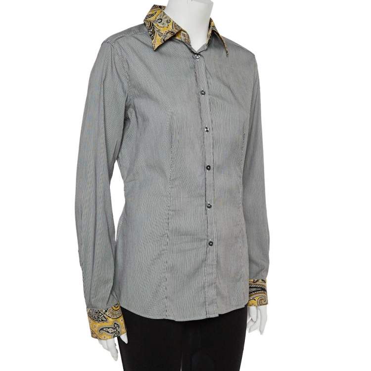 مملوكة مسبقًا Etro Black and White Cotton Stripe Body with Paisley Print Shirt L