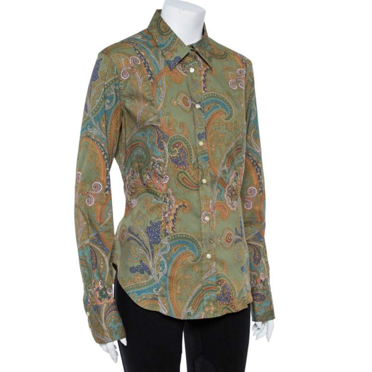 مملوكة مسبقًا Etro Green Cotton Print Full Sleeve Shirt L