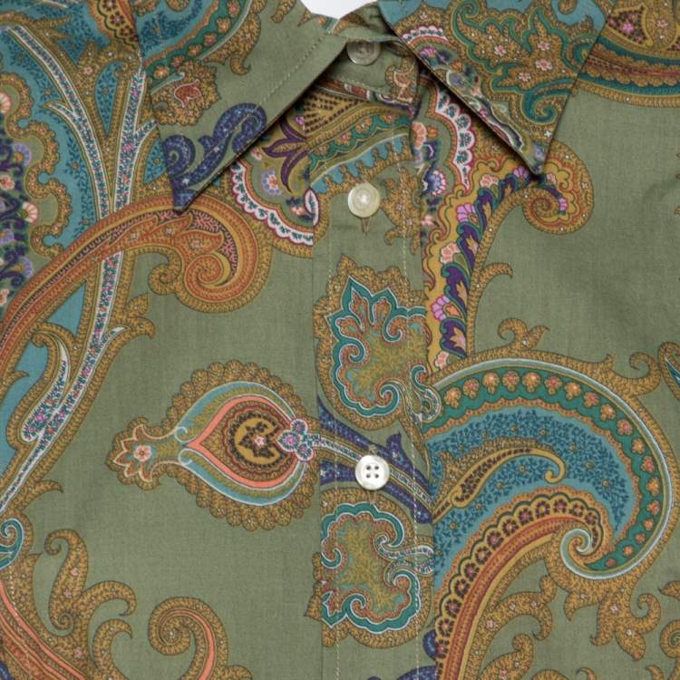 مملوكة مسبقًا Etro Green Cotton Print Full Sleeve Shirt L
