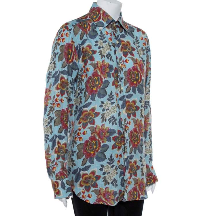 Pre Owned Etro  Blue Linen Floral Print Slim Fit Shirt M