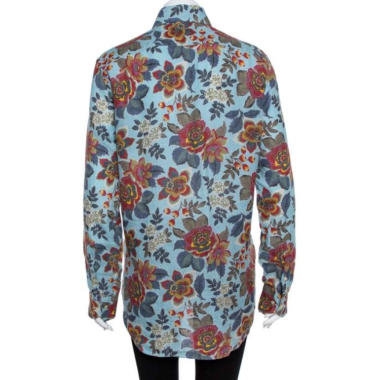 Pre Owned Etro  Blue Linen Floral Print Slim Fit Shirt M