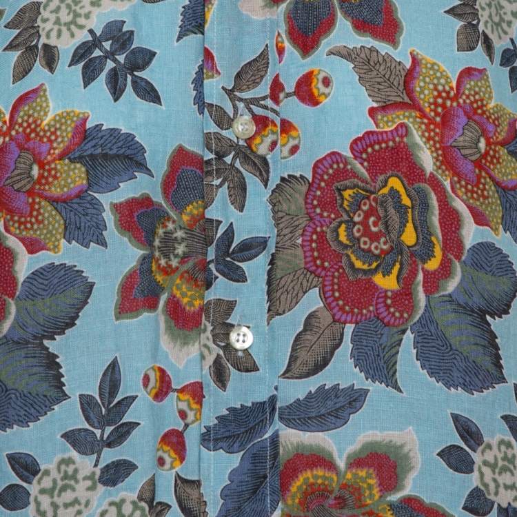 Pre Owned Etro  Blue Linen Floral Print Slim Fit Shirt M