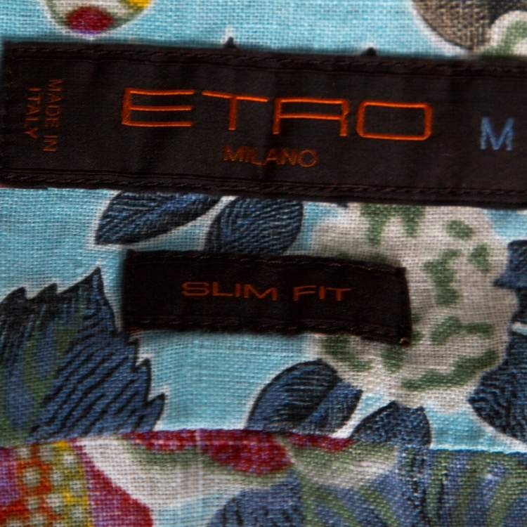 Pre Owned Etro  Blue Linen Floral Print Slim Fit Shirt M