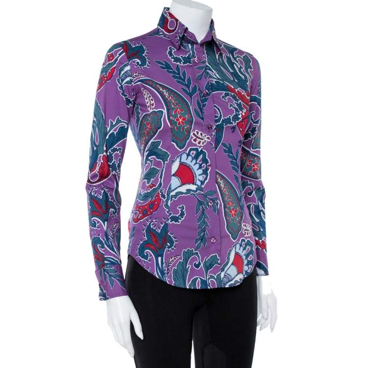 Women's Blue & Pink Floral Paisley Print Fitted Cotton Stretch Shirt