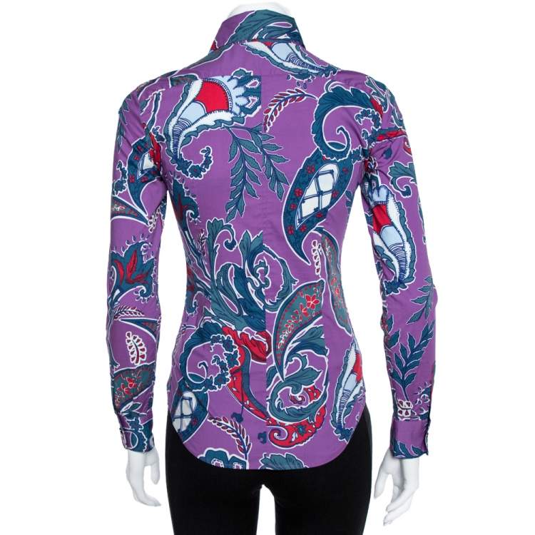 مملوكة مسبقًا Etro Purple Floral Paisley Print Stretch Cotton Shirt S