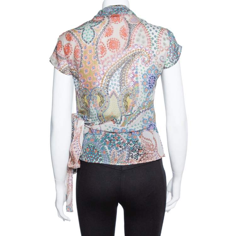 Pre Owned Etro Pale Grey Floral Print Silk Faux Wrap Blouse S