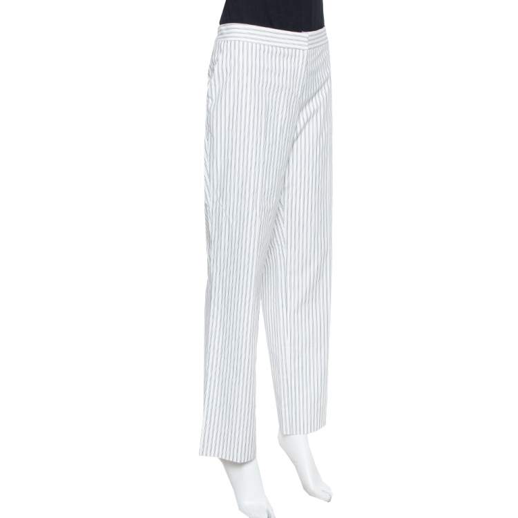 Pre Owned  Etro White Pinstriped Cotton Straight Leg Pants L