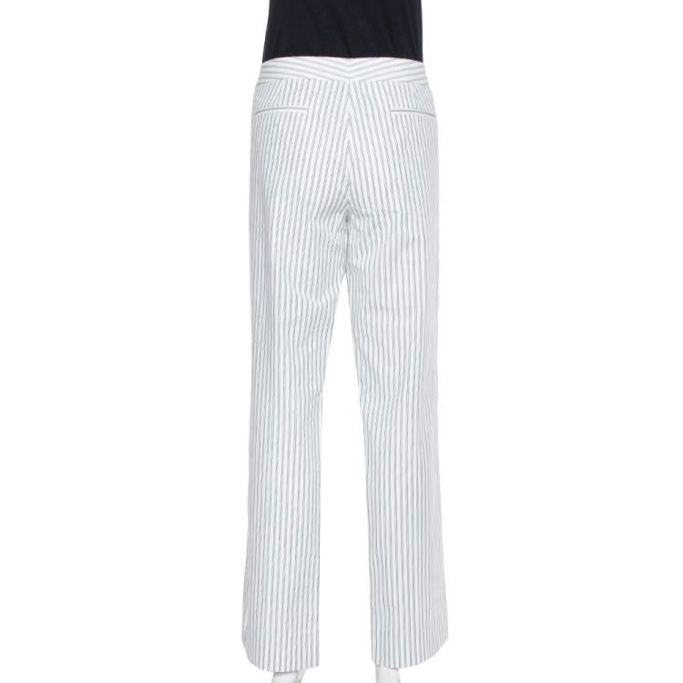 Pre Owned  Etro White Pinstriped Cotton Straight Leg Pants L