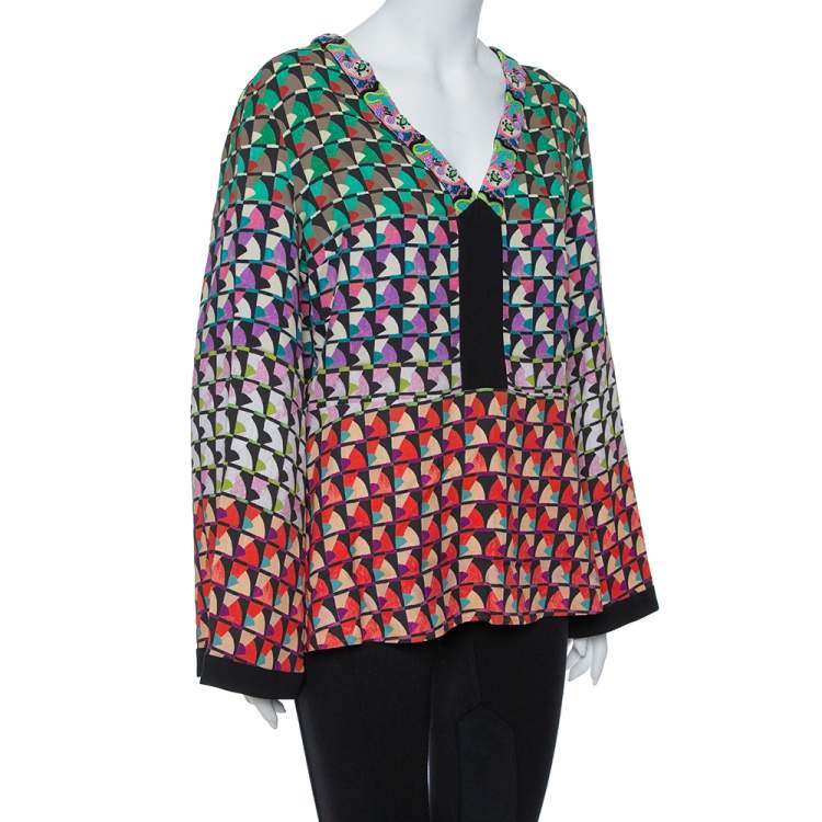 Pre Owned Etro Multicolor Knit  Abstract Print Embellished Plunge Neck Detail Top L