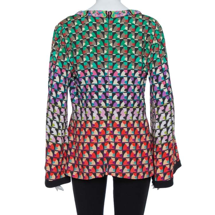 Pre Owned Etro Multicolor Knit  Abstract Print Embellished Plunge Neck Detail Top L