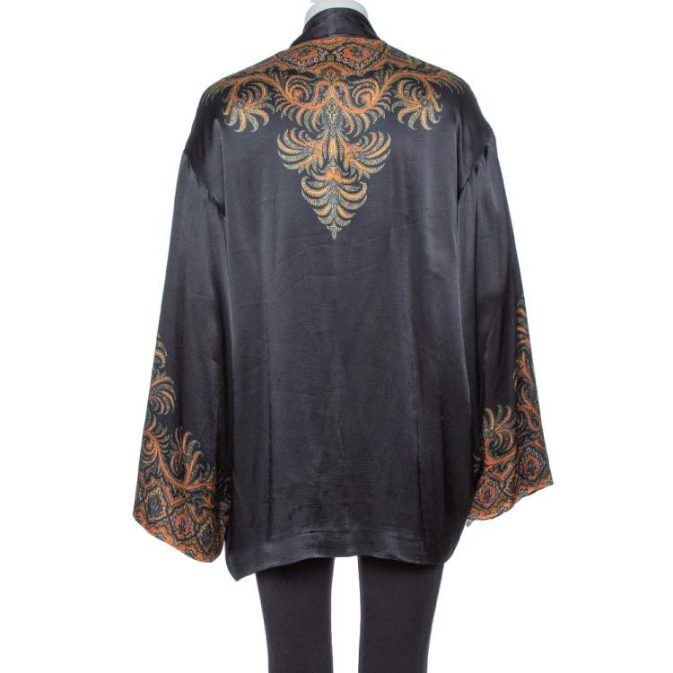 Pre Owned Etro Black Satin Paisley Print Open Front Kimono Jacket M