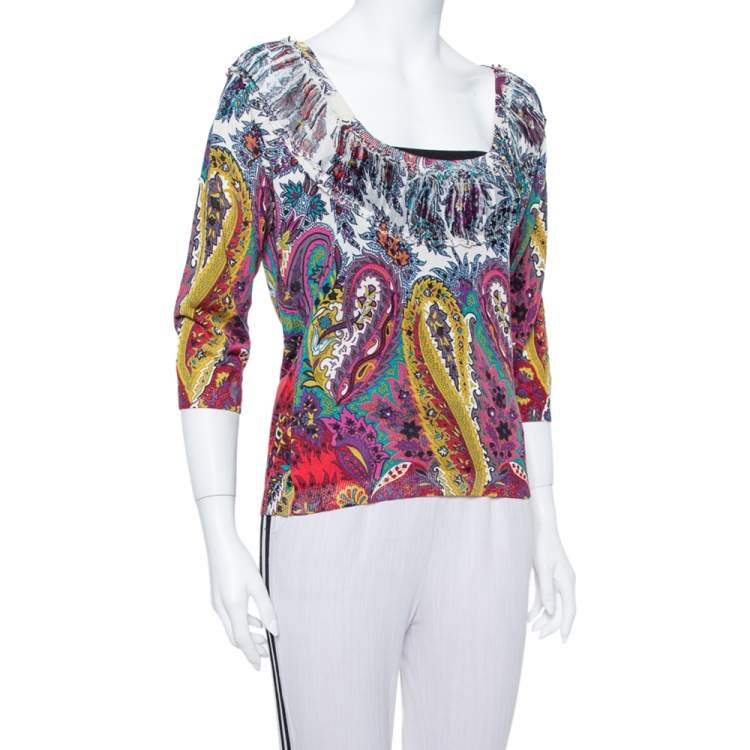 Pre Owned Etro Multicolor Paisley Printed Silk Knit Top L