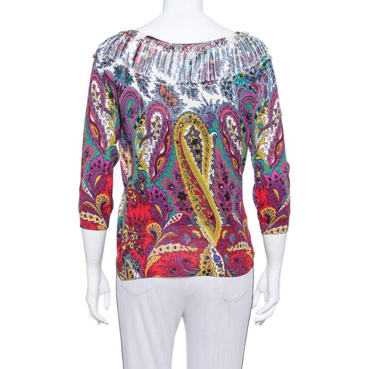 Pre Owned Etro Multicolor Paisley Printed Silk Knit Top L