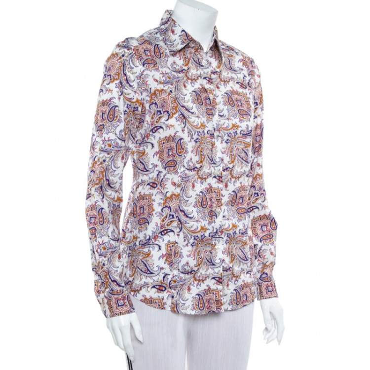 Pre Owned Etro White Paisley Printed Cotton Button Front Shirt M