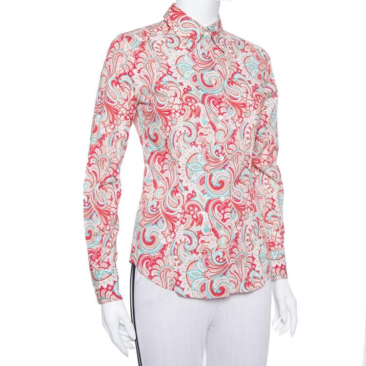 Pre Owned Etro Red Paisley Printed Stretch Cotton Button Front Shirt S
