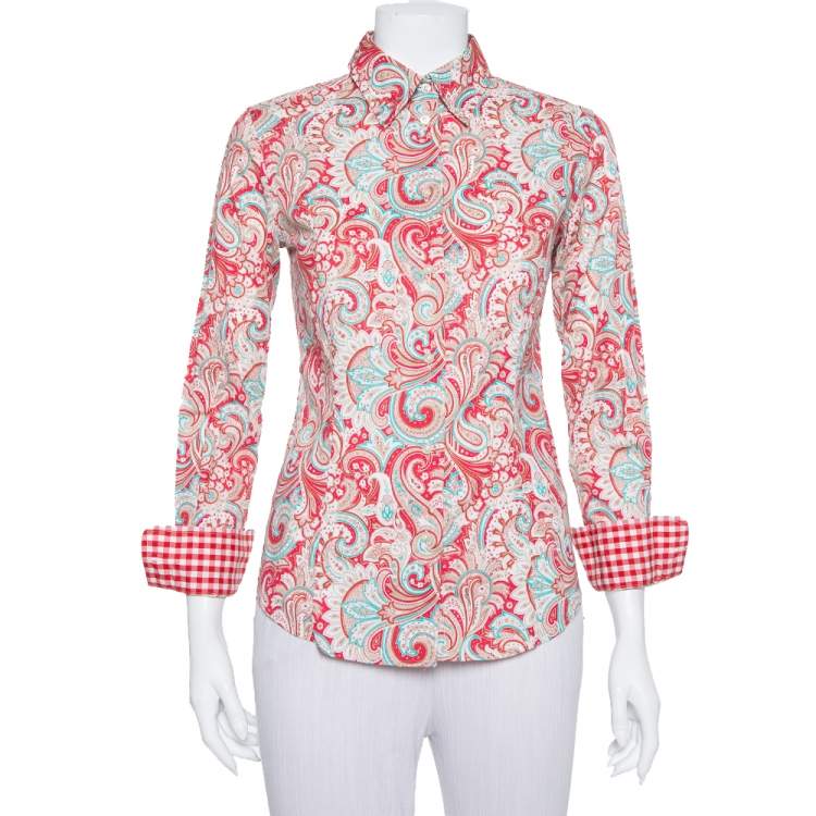 Pre Owned Etro Red Paisley Printed Stretch Cotton Button Front Shirt S