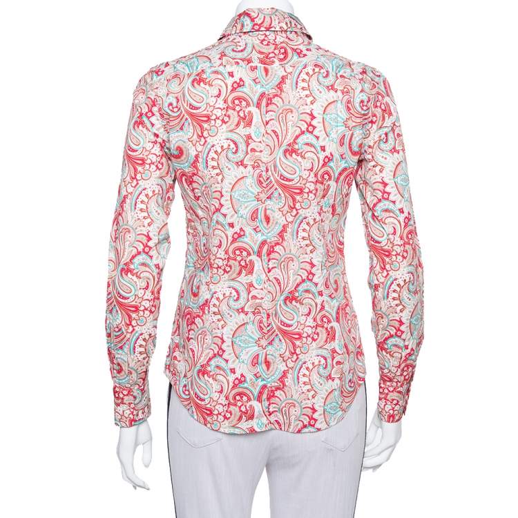 Pre Owned Etro Red Paisley Printed Stretch Cotton Button Front Shirt S