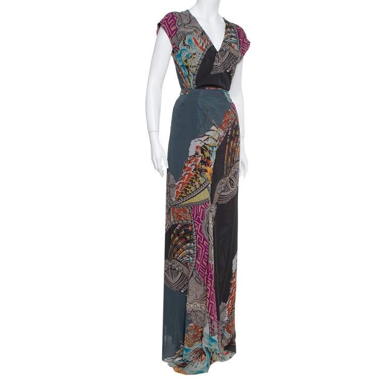 Pre Owned Etro Multicolor Silk Chiffon Wrap Detail Flared Maxi Dress M