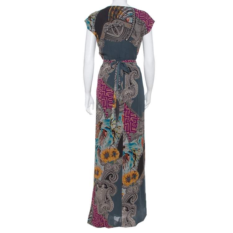 Pre Owned Etro Multicolor Silk Chiffon Wrap Detail Flared Maxi Dress M