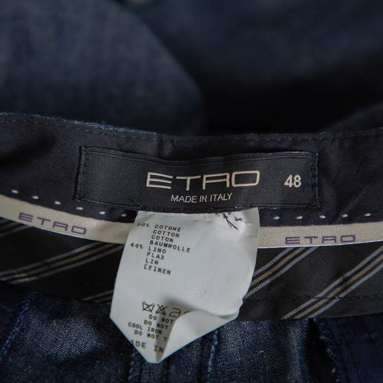 Pre Owned Etro Blue Linen Straight Leg Trousers L
