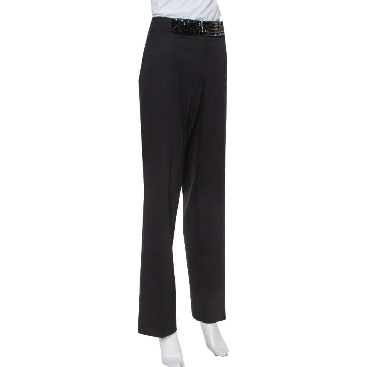Pre Owned Etro Black Wool Embellished Waist Detail Trousers L