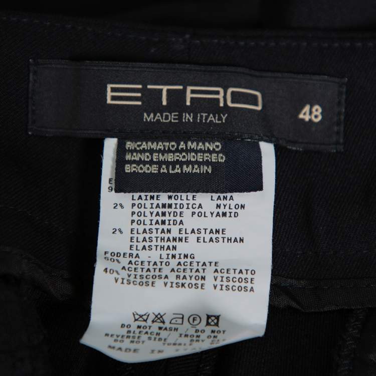 Pre Owned Etro Black Wool Embellished Waist Detail Trousers L