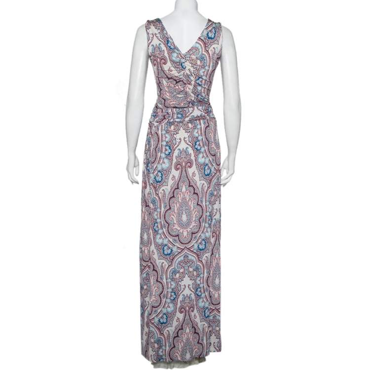 Pre Owned Etro Multicolor Paisley Printed Knit Ruched Belted Detail Maxi Dress M