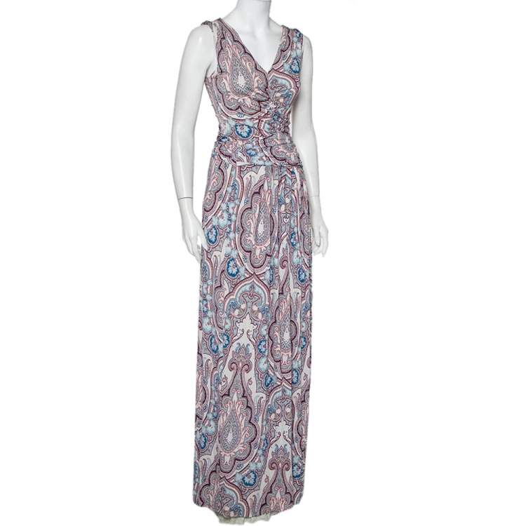 Pre Owned Etro Multicolor Paisley Printed Knit Ruched Belted Detail Maxi Dress M