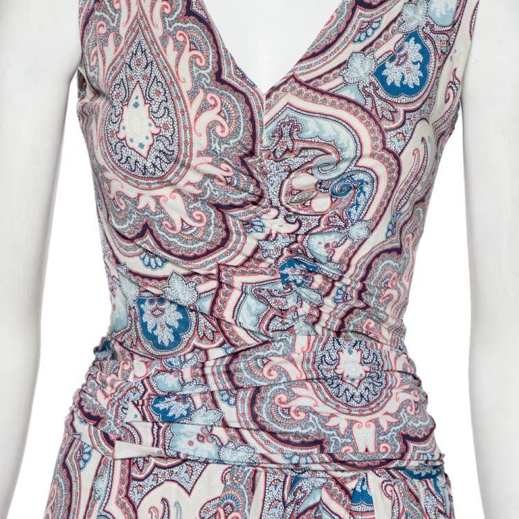 Pre Owned Etro Multicolor Paisley Printed Knit Ruched Belted Detail Maxi Dress M