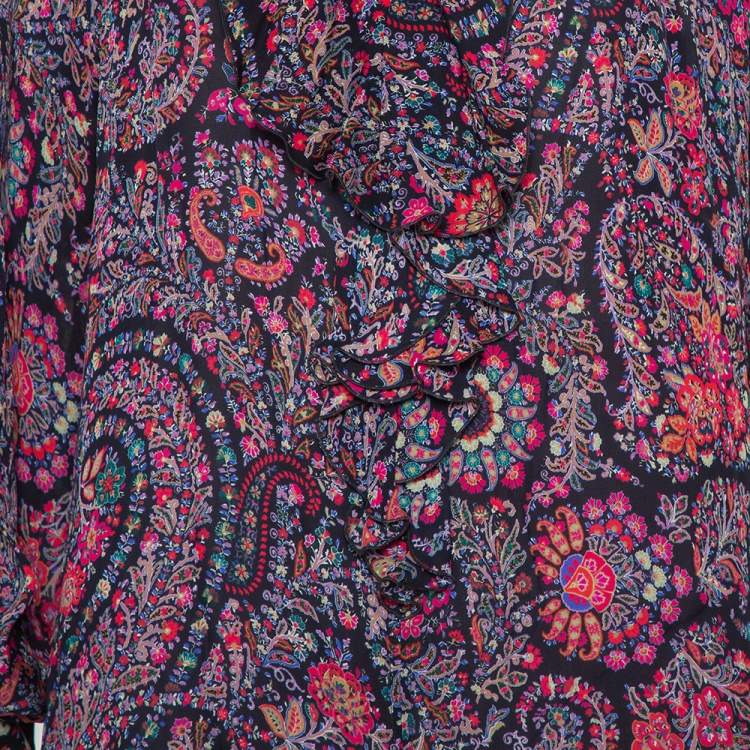 Pre Owned Etro Multicolor Floral Paisley Printed Ruffled Collared Top XL