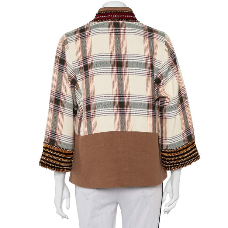 Pre Owned Etro Beige Checkered Paneled Cotton Tribal Trim Kimono Jacket M