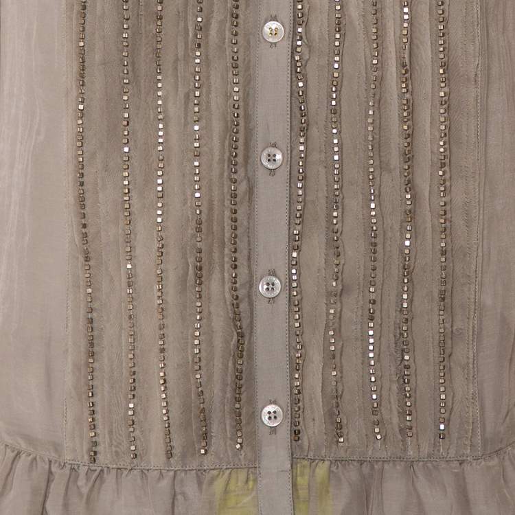 Pre Owned Etro Grey Cotton & Silk Beaded Detail Button Front Tunic M