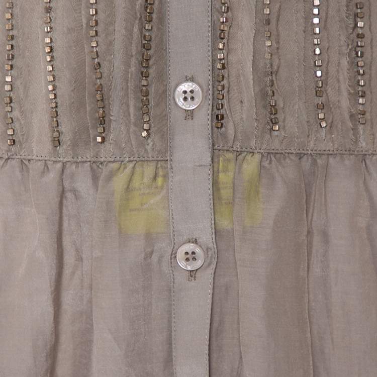Pre Owned Etro Grey Cotton & Silk Beaded Detail Button Front Tunic M