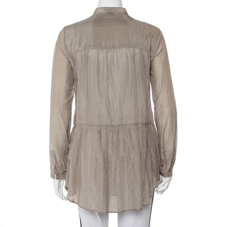 Pre Owned Etro Grey Cotton & Silk Beaded Detail Button Front Tunic M