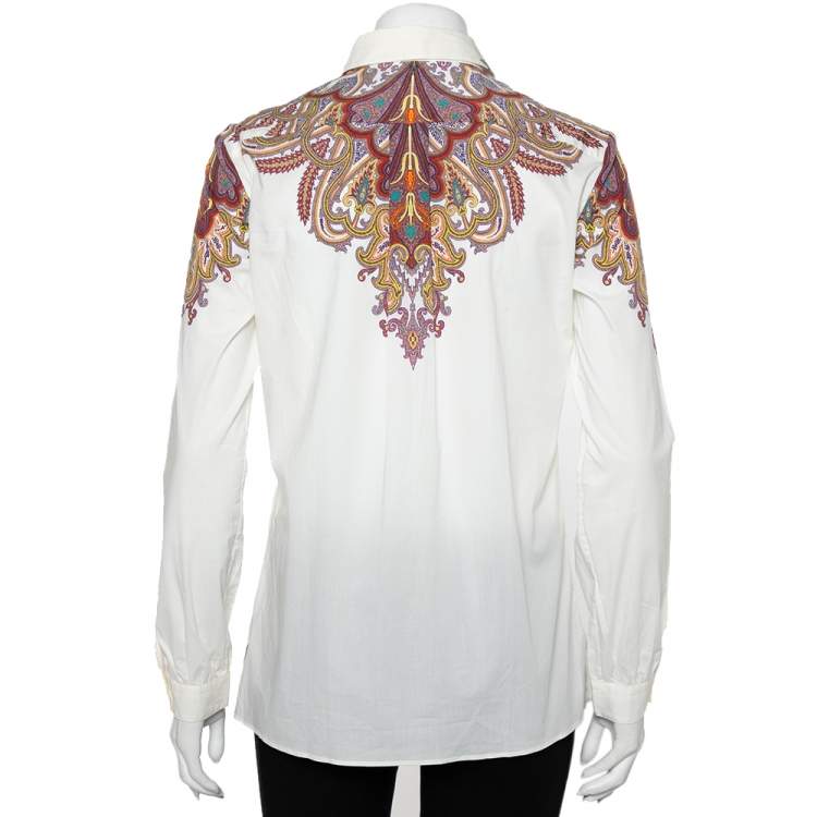 Pre Owned Etro White Paisley Printed Cotton Button Front Shirt M