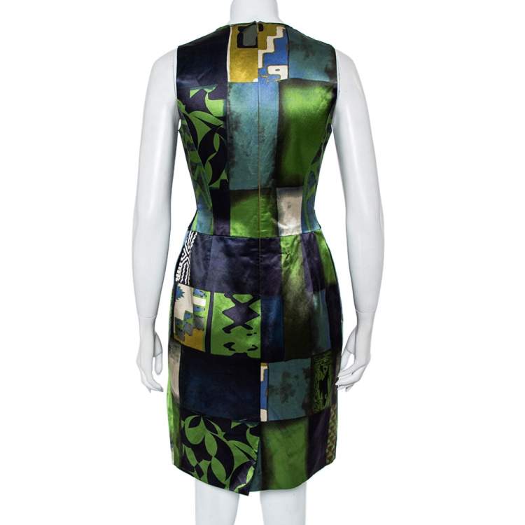 Pre Owned Etro Multicolor Printed Satin Embellished Waist Belt Detail Pleated Sheath Dress M