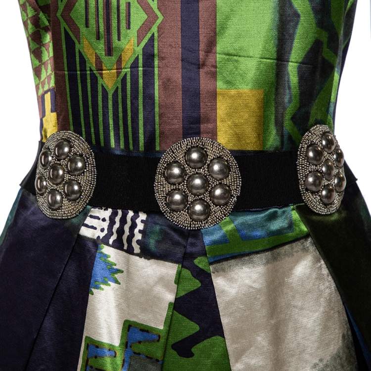 Pre Owned Etro Multicolor Printed Satin Embellished Waist Belt Detail Pleated Sheath Dress M
