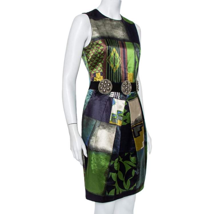Pre Owned Etro Multicolor Printed Satin Embellished Waist Belt Detail Pleated Sheath Dress M
