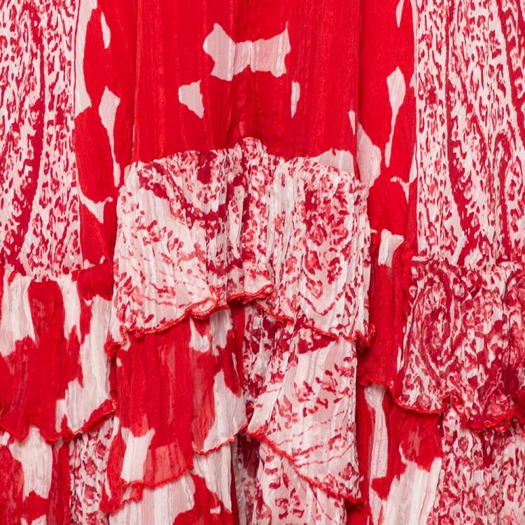 Pre Owned Etro Red Printed Silk Tiered Mini Skirt S