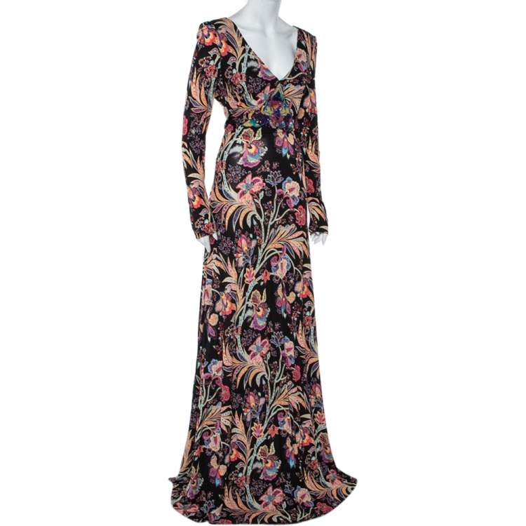 Pre Owned Etro Multicolor Floral Printed Jersey Embellished Detail Maxi Dress L