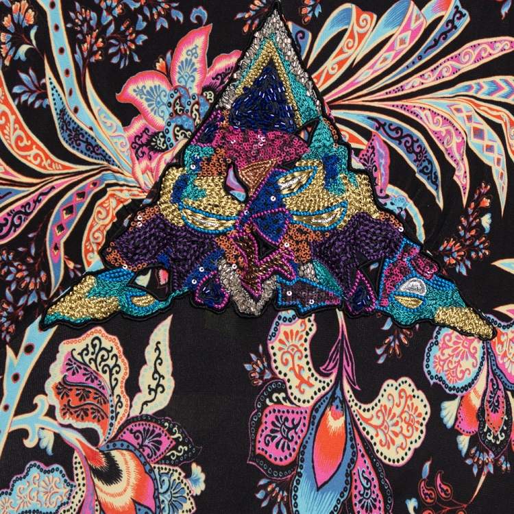Pre Owned Etro Multicolor Floral Printed Jersey Embellished Detail Maxi Dress L