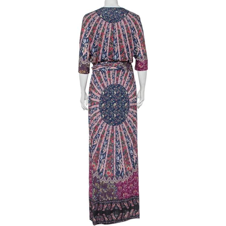 Pre Owned Etro Multicolor Printed Knit Draped Waist Detail Maxi Dress L