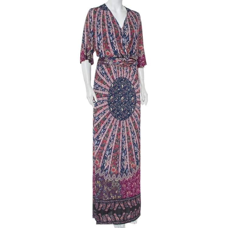 Pre Owned Etro Multicolor Printed Knit Draped Waist Detail Maxi Dress L